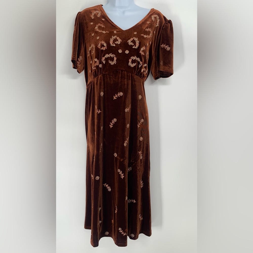 Brown Velvet Floral Embroidered dress large l womens new nwt fall long maxi